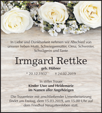 Traueranzeige von Irmgard Rettke von Mitteldeutsche Zeitung