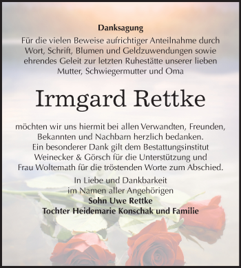 Traueranzeige von Irmgard Rettke von Mitteldeutsche Zeitung Bernburg