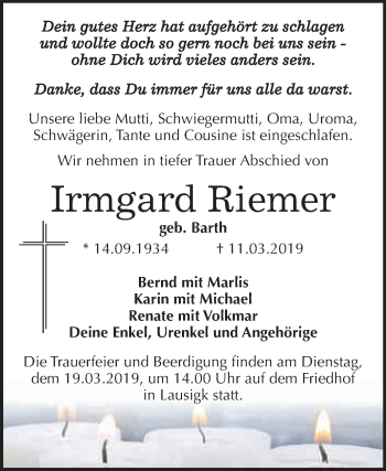 Traueranzeige von Irmgard Riemer von WVG - Wochenspiegel Dessau / Köthen