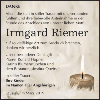 Traueranzeige von Irmgard Riemer von WVG - Wochenspiegel Dessau / Köthen