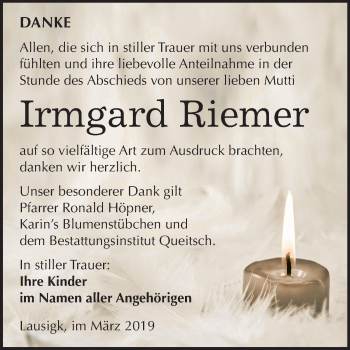 Traueranzeige von Irmgard Riemer von Mitteldeutsche Zeitung Köthen