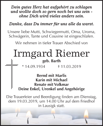 Traueranzeige von Irmgard Riemer von Mitteldeutsche Zeitung Köthen