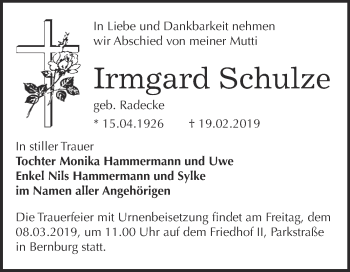 Traueranzeige von Irmgard Schulze von Super Sonntag Bernburg