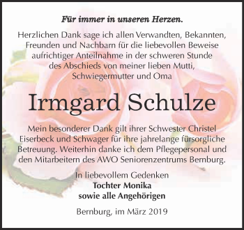 Traueranzeige von Irmgard Schulze von Super Sonntag Bernburg
