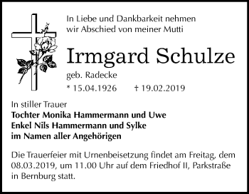 Traueranzeige von Irmgard Schulze von Mitteldeutsche Zeitung
