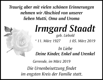 Traueranzeige von Irmgard Staadt von Mitteldeutsche Zeitung Quedlinburg