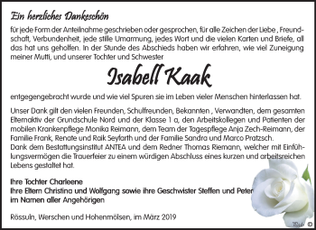Traueranzeige von Isabell Kaak von Mitteldeutsche Zeitung Weißenfels