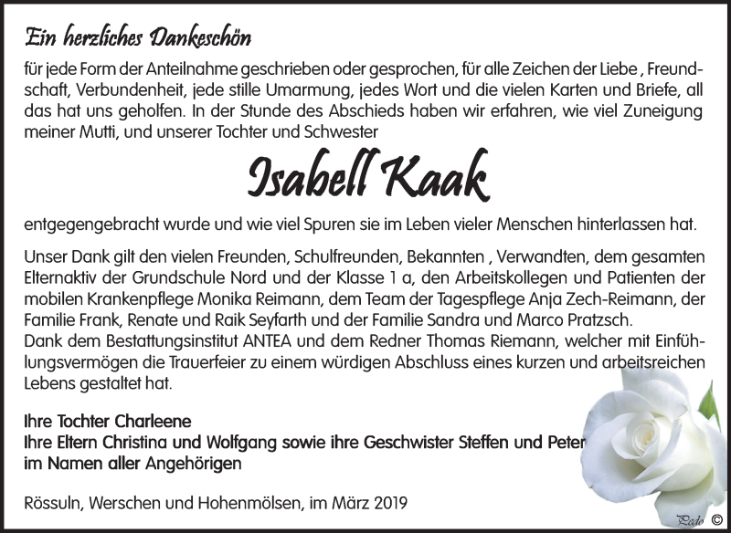  Traueranzeige für Isabell Kaak vom 02.03.2019 aus Mitteldeutsche Zeitung Weißenfels