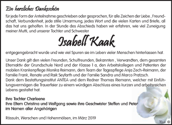Traueranzeige von Isabell Kaak von WVG - Wochenspiegel NMB / WSF / ZTZ