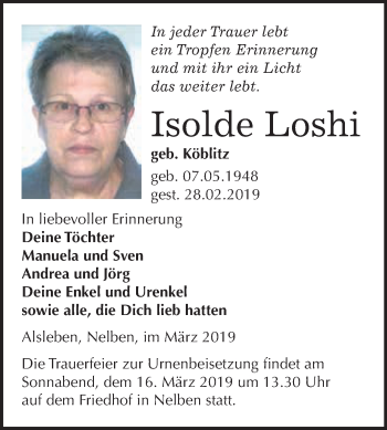 Traueranzeige von Isolde Loshi von Super Sonntag Bernburg