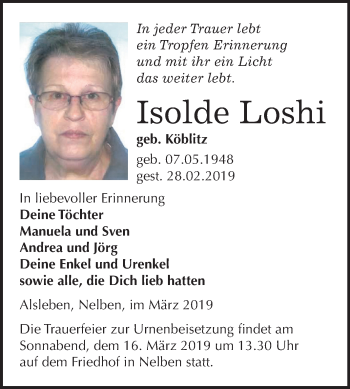 Traueranzeige von Isolde Loshi von Mitteldeutsche Zeitung