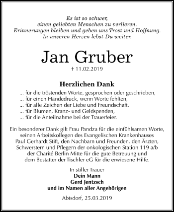 Traueranzeige von Jan Gruber von Mitteldeutsche Zeitung