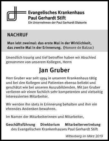 Traueranzeige von Jan Gruber von Super Sonntag Wittenberg