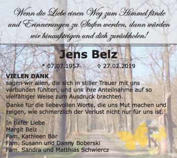 Traueranzeige von Jens Belz von WVG - Wochenspiegel Dessau / Köthen