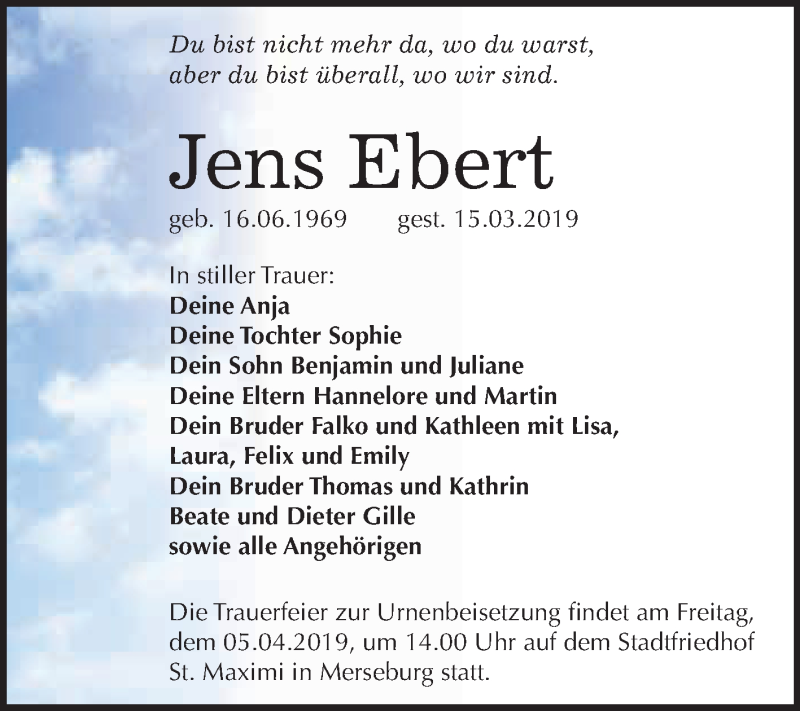  Traueranzeige für Jens Ebert vom 23.03.2019 aus WVG - Wochenspiegel Merseburg