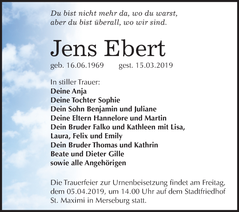  Traueranzeige für Jens Ebert vom 30.03.2019 aus Mitteldeutsche Zeitung Merseburg/Querfurt