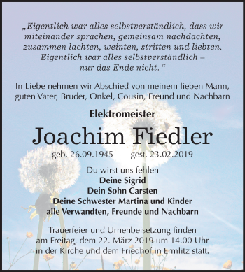 Traueranzeige von Joachim Fiedler von Mitteldeutsche Zeitung
