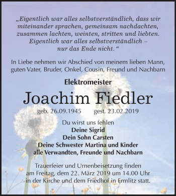 Traueranzeige von Joachim Fiedler von WVG - Wochenspiegel Merseburg