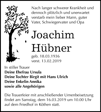 Traueranzeige von Joachim Hübner von Mitteldeutsche Zeitung Köthen