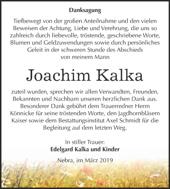 Traueranzeige von Joachim Kalka von WVG - Wochenspiegel NMB / WSF / ZTZ
