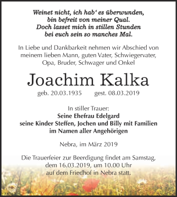 Traueranzeige von Joachim Kalka von WVG - Wochenspiegel NMB / WSF / ZTZ