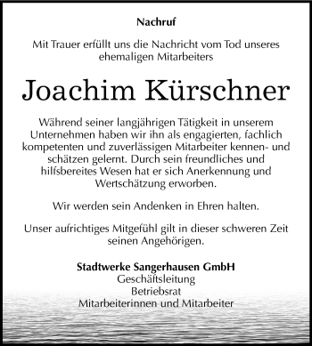 Traueranzeige von Joachim Kürschner von Mitteldeutsche Zeitung Sangerhausen