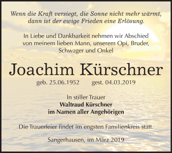 Traueranzeige von Joachim Kürschner von Mitteldeutsche Zeitung Sangerhausen