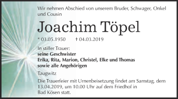 Traueranzeige von Joachim Töpel von WVG - Wochenspiegel NMB / WSF / ZTZ