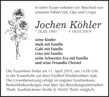 Traueranzeige von Jochen Köhler von Super Sonntag Quedlinburg