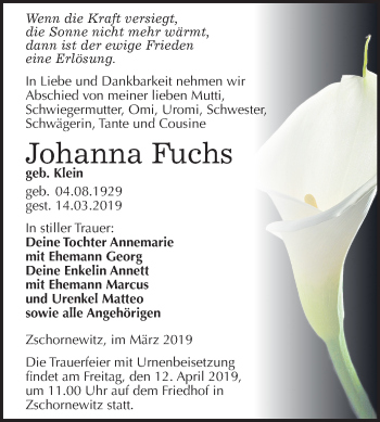 Traueranzeige von Johanna Fuch von Mitteldeutsche Zeitung