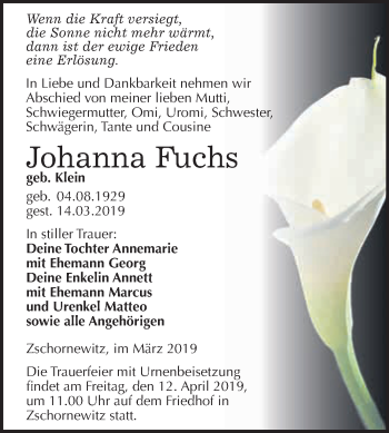 Traueranzeige von Johanna Fuchs von WVG - Wochenspiegel Wittenberg