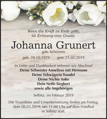 Traueranzeige von Johanna Grunert von WVG - Wochenspiegel Wittenberg