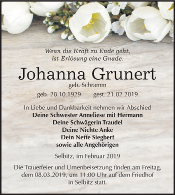 Traueranzeige von Johanna Grunert von Mitteldeutsche Zeitung