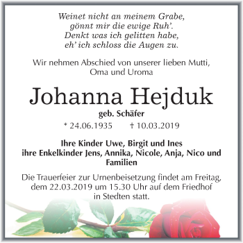 Traueranzeige von Johanna Hejduk von Mitteldeutsche Zeitung Mansfelder Land
