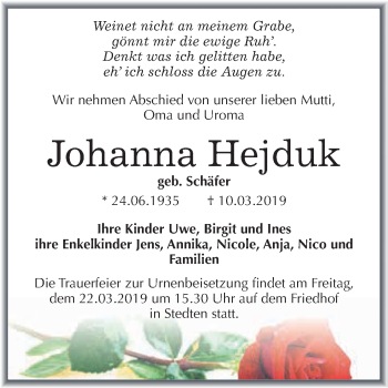 Traueranzeige von Johanna Hejduk von Super Sonntag SGH Mansf. Land