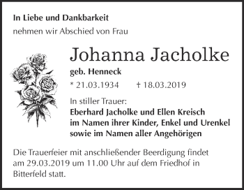 Traueranzeige von Johanna Jacholke von WVG - Wochenspiegel Bitterfeld