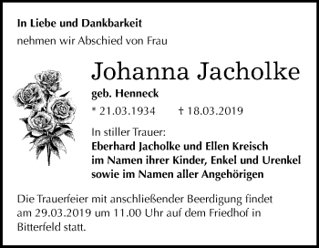 Traueranzeige von Johanna Jacholke von Mitteldeutsche Zeitung Bitterfeld
