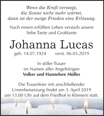 Traueranzeige von Johanna Lucas von Super Sonntag Bernburg