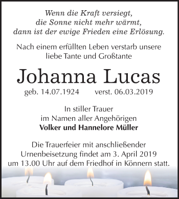 Traueranzeige von Johanna Lucas von Mitteldeutsche Zeitung Bernburg