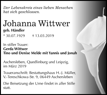 Traueranzeige von Johanna Wittwer von Mitteldeutsche Zeitung Aschersleben