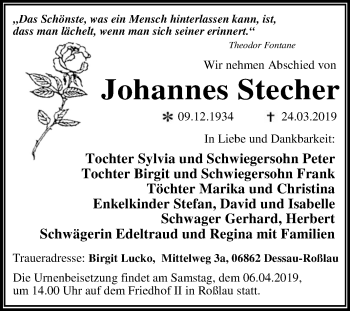 Traueranzeige von Johannes Stecher von WVG - Wochenspiegel Dessau / Köthen
