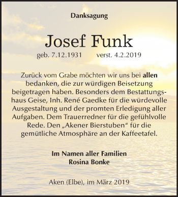 Traueranzeige von Josef Funk von Mitteldeutsche Zeitung Köthen