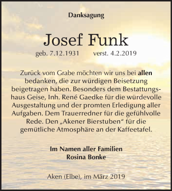 Traueranzeige von Josef Funk von WVG - Wochenspiegel Dessau / Köthen