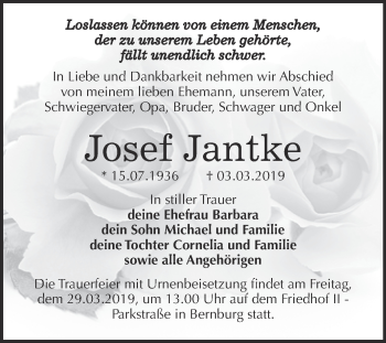 Traueranzeige von Josef Jantke von Super Sonntag Bernburg