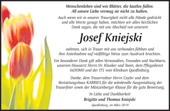 Traueranzeige von Josef Kniejski von WVG - Wochenspiegel Quedlinburg