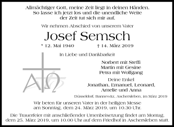 Traueranzeige von Josef Semsch von WVG - Wochenspiegel Quedlinburg