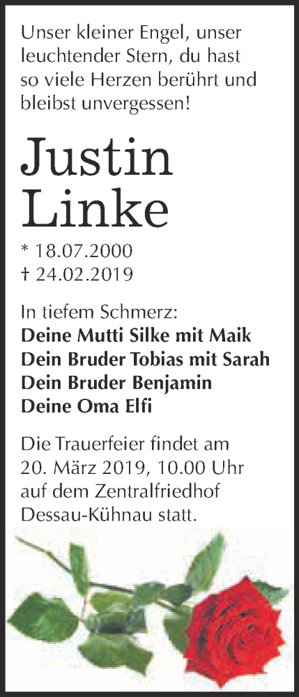  Traueranzeige für Justin Linke vom 02.03.2019 aus WVG - Wochenspiegel Dessau / Köthen