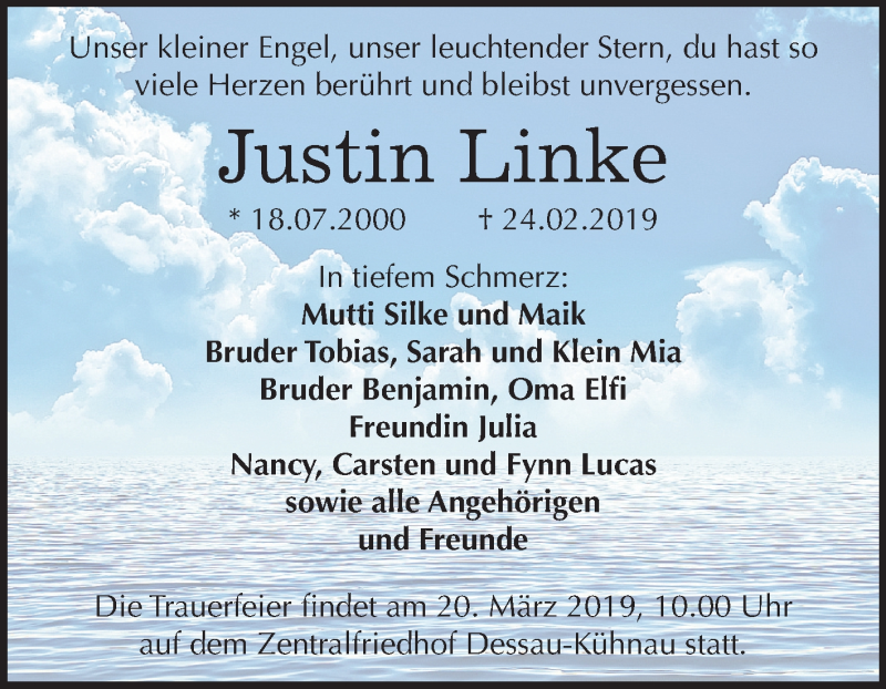  Traueranzeige für Justin Linke vom 09.03.2019 aus Mitteldeutsche Zeitung Dessau-Roßlau