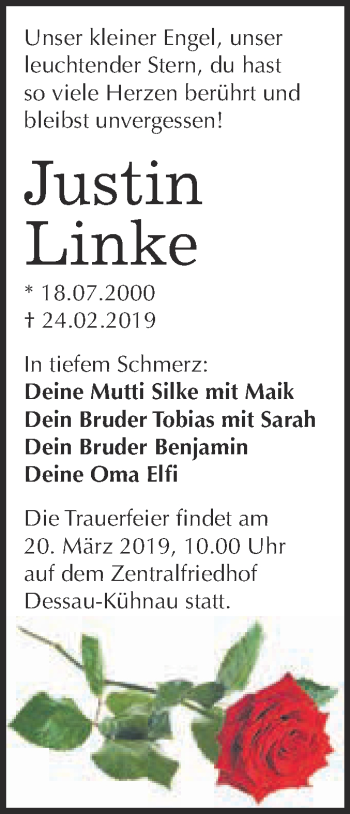 Traueranzeige von Justin Linke von WVG - Wochenspiegel Dessau / Köthen