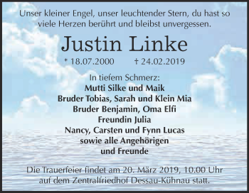 Traueranzeige von Justin Linke von WVG - Wochenspiegel Dessau / Köthen